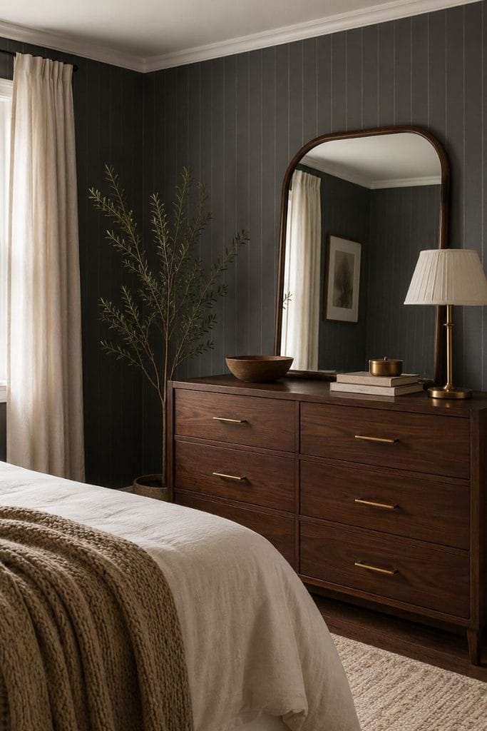 Room wallpaper ideas for men with charcoal pinstripe print