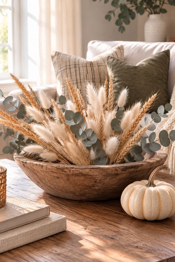 Halloween coffee table decor dried botanicals in wood bowl
