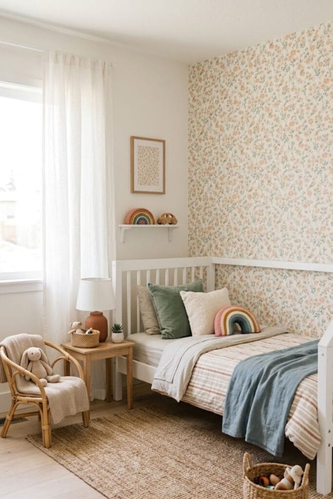 Peel and stick floral wallpaper toddler girl bedroom accent wall