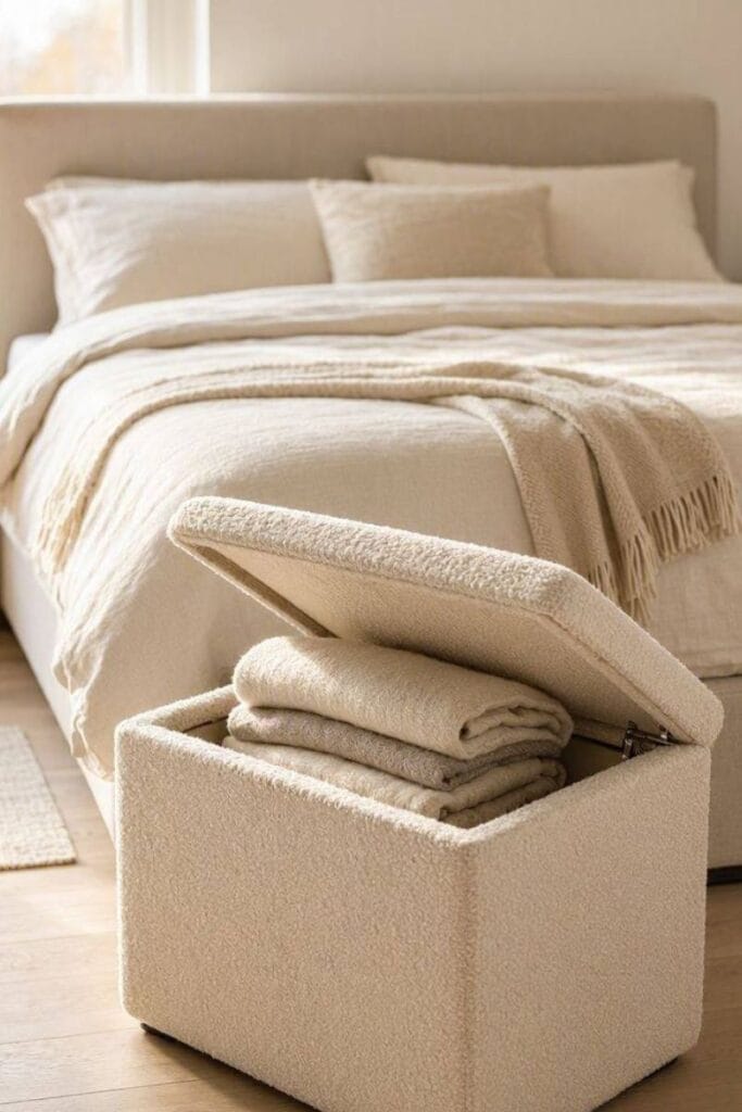 Upholstered storage ottoman, a small bedroom storage idea