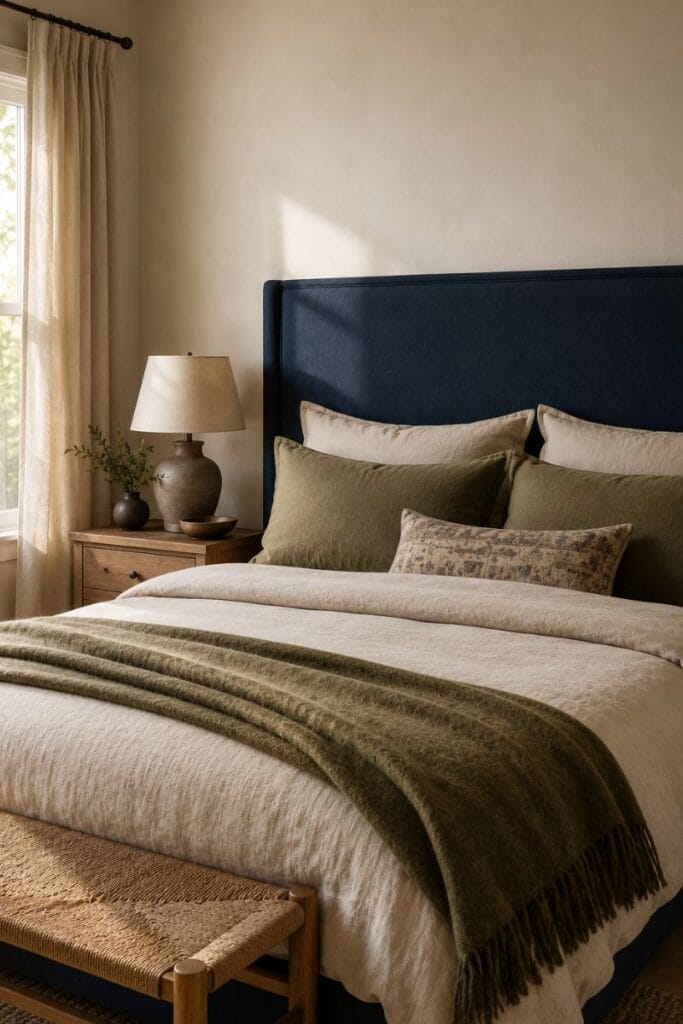  Blue and green bedroom idea with navy linen headboard and olive throw 
