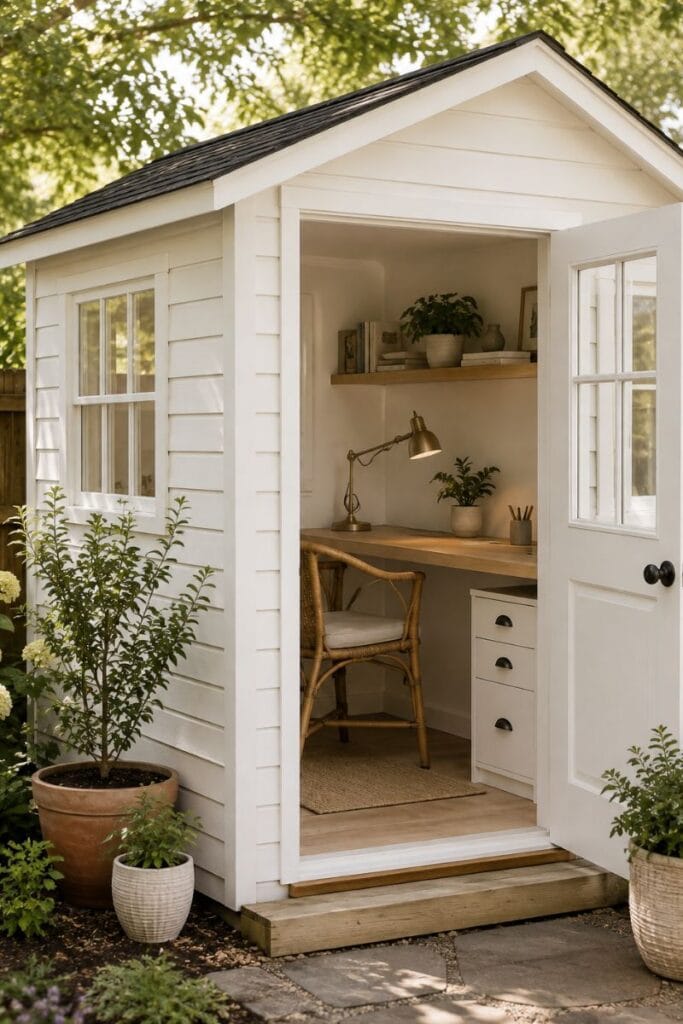 Backyard office ideas repurposing a white garden shed into a desk nook