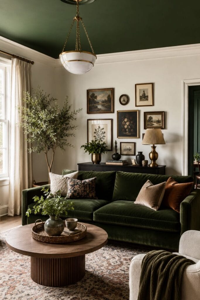 Deep green painted ceiling in a maximalist living room