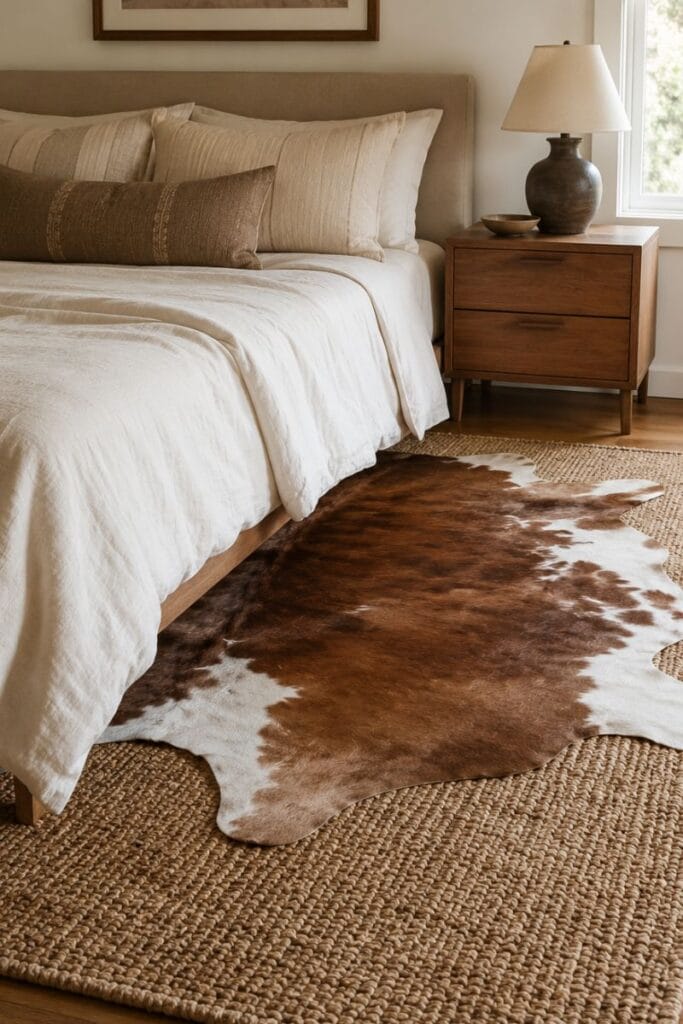Cowhide and jute rug layering in western bedroom ideas