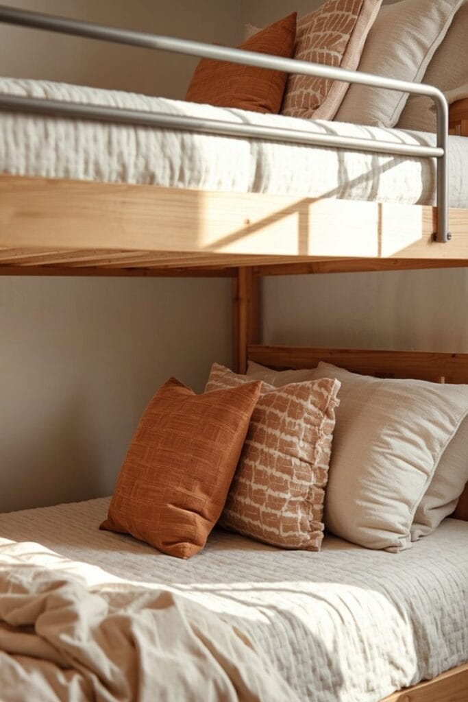 Bunk bed ideas showing cascading pillow arrangement without a headboard