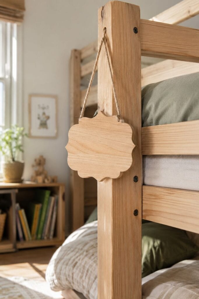 Bunk bed ideas with carved wood name tags on each bed post