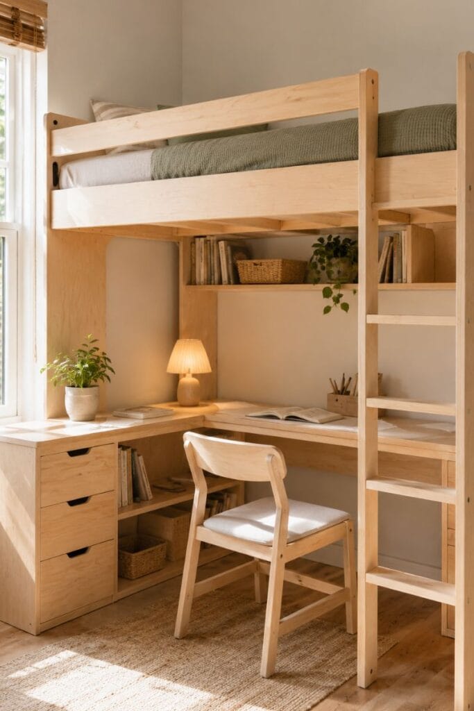 Bunk bed ideas featuring a built-in desk instead of a second mattress