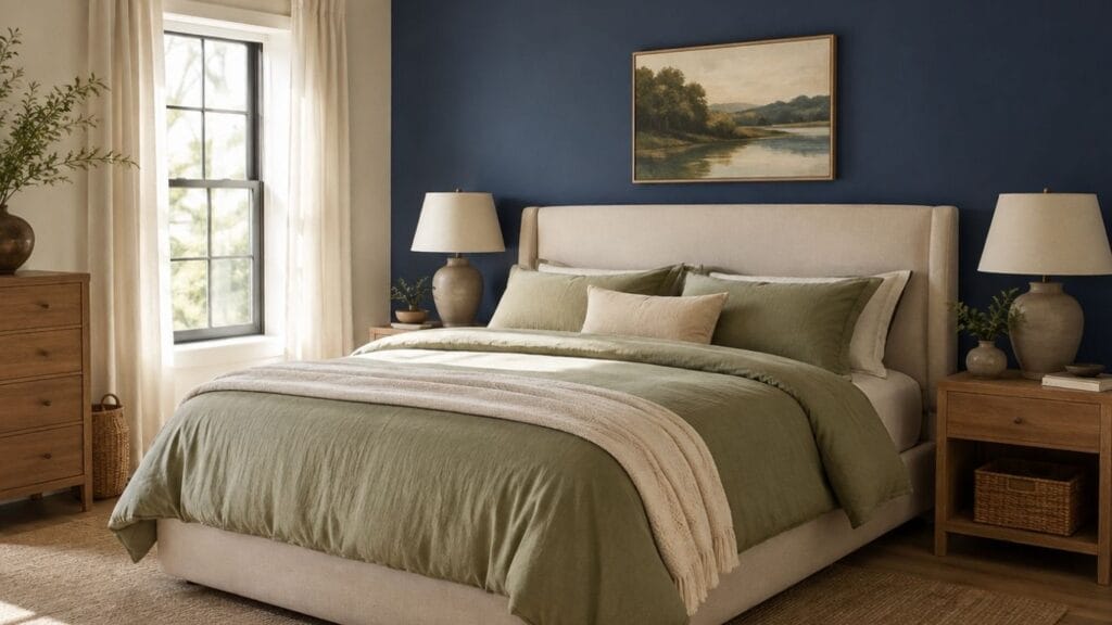 Blue and green bedroom idea with layered bedding near a sunlit window