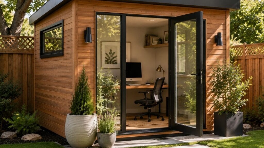 Backyard office ideas featuring a cedar-clad garden studio with a glass door