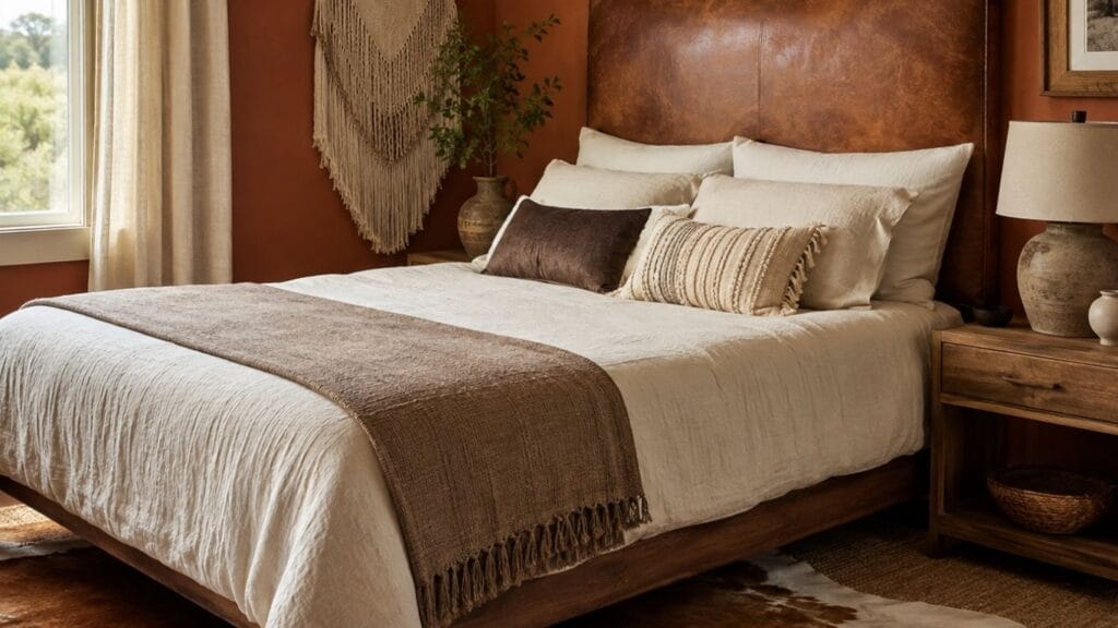 Small western bedroom ideas with leather headboard and terracotta wall