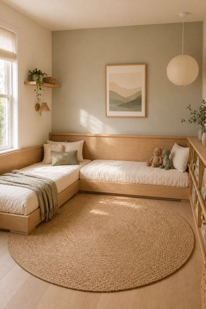 L shaped bed arrangement in toddler boy and girl shared bedroom