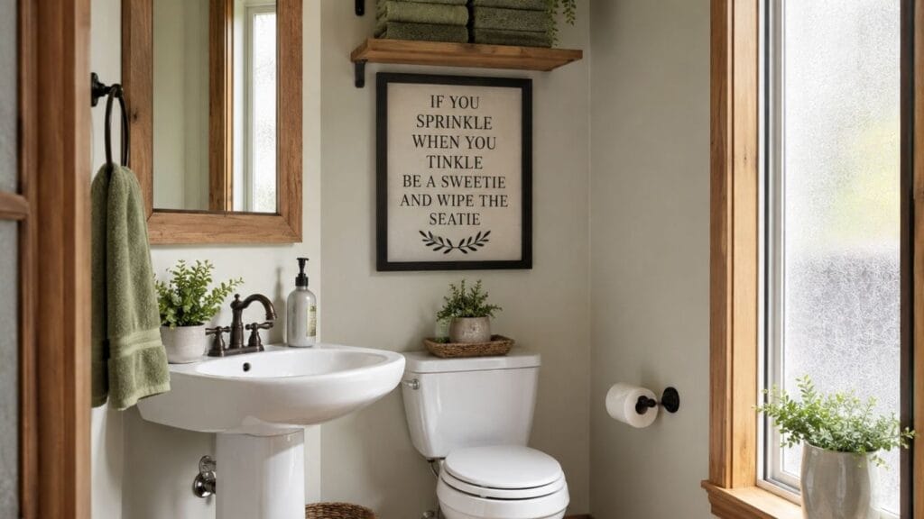 Funny bathroom decor sign framed above a white pedestal sink