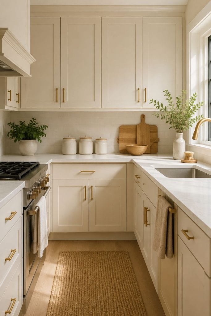 Warm white cabinets in a bright small kitchen with oak accents