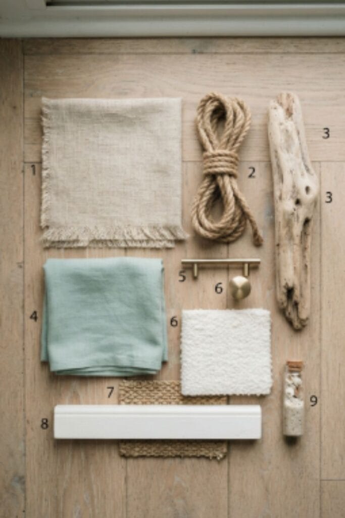 Coastal living room color palette with linen, driftwood, and seafoam textures