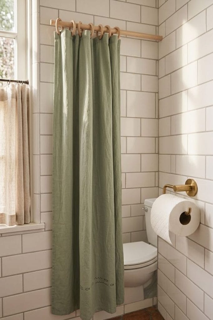 Sage green shower curtain with playful print for funny bathroom decor