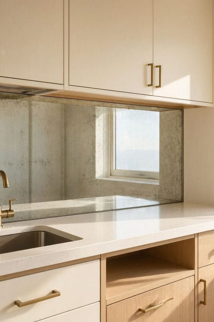 Antiqued mirrored backsplash making a small kitchen feel deeper