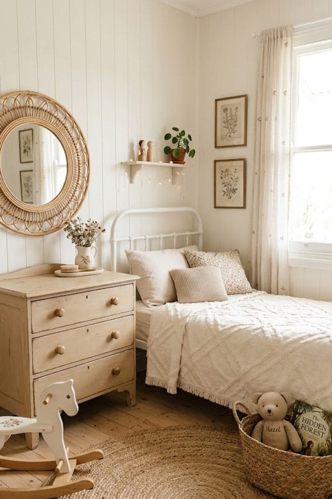 Vintage toddler girl bedroom with white iron bed frame and rattan mirror