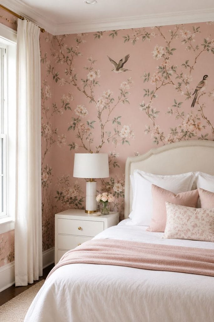 Pink room wallpaper ideas with chinoiserie bird print