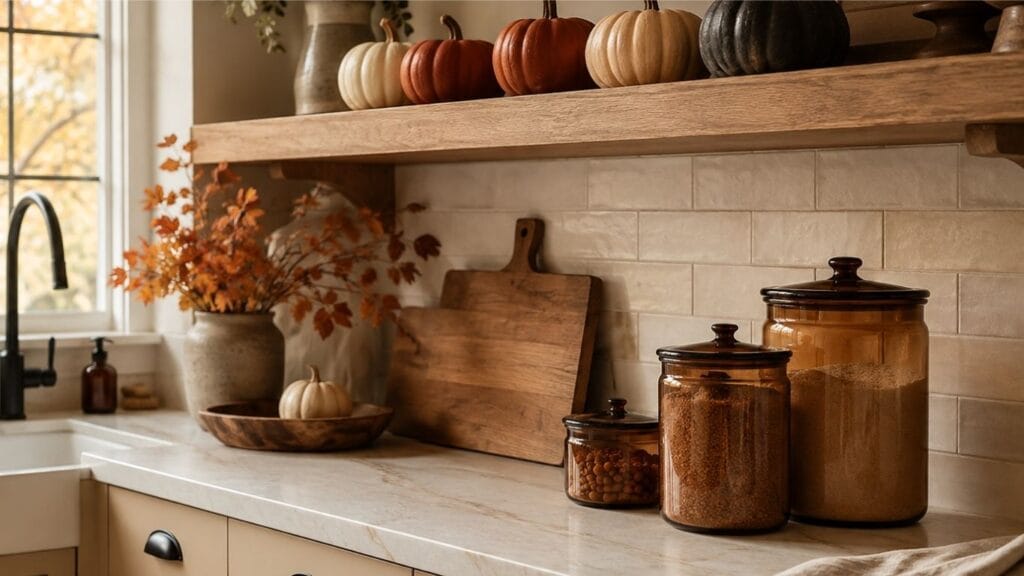 Cozy halloween kitchen decor with pumpkins and amber glass jars