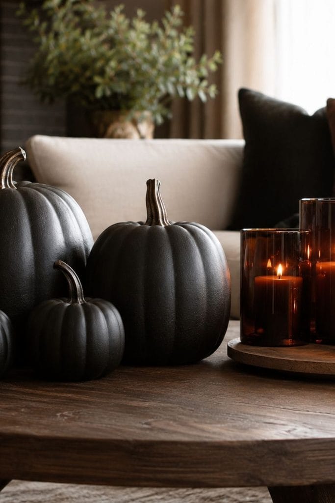 Halloween coffee table decor living room black pumpkins amber candles