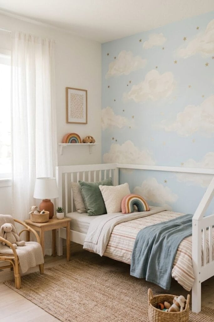 Painted cloud mural toddler girl bedroom accent wall idea