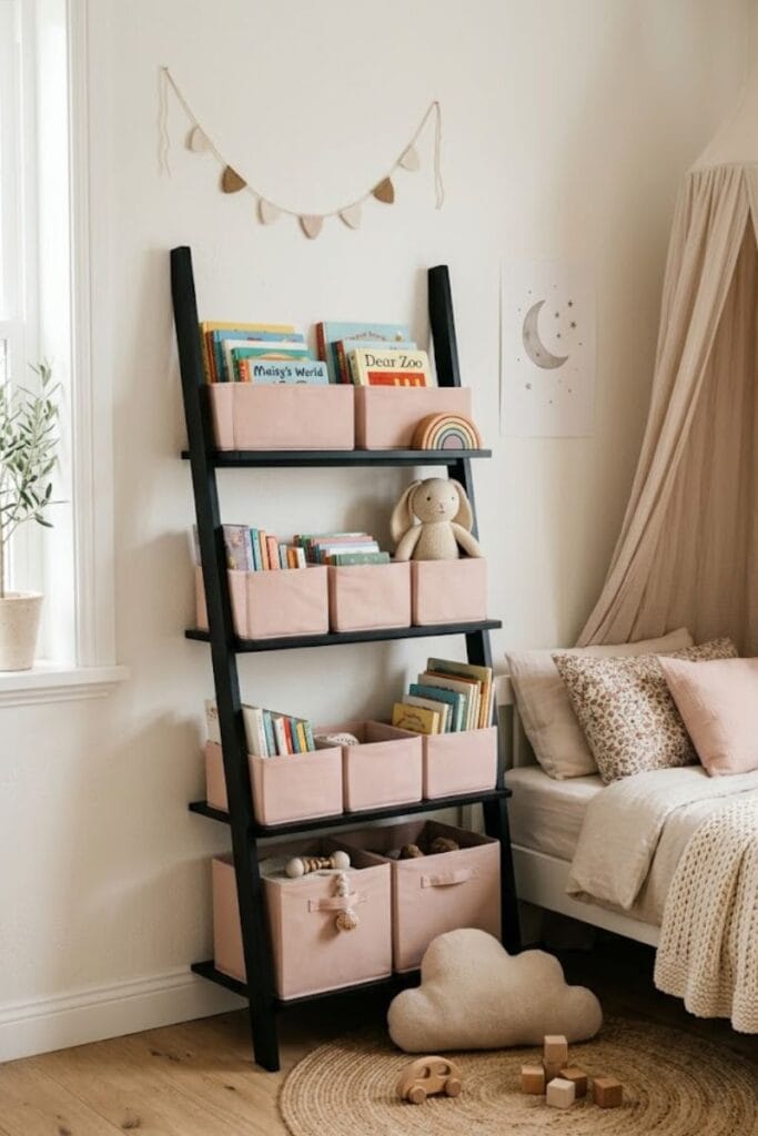 Black ladder shelf with pink book bins black and pink toddler girl bedroom