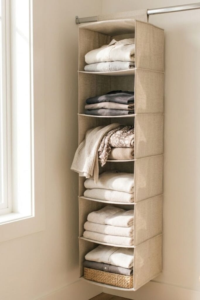  Hanging closet organizer in a corner, a small bedroom storage idea