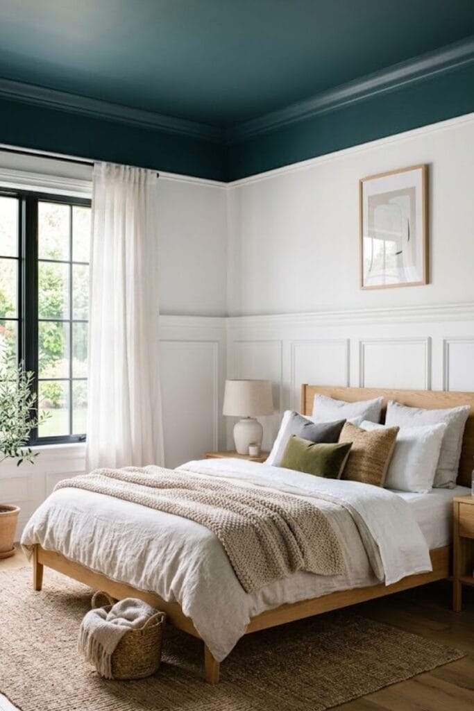 Blue and green bedroom idea with teal ceiling and white wall millwork