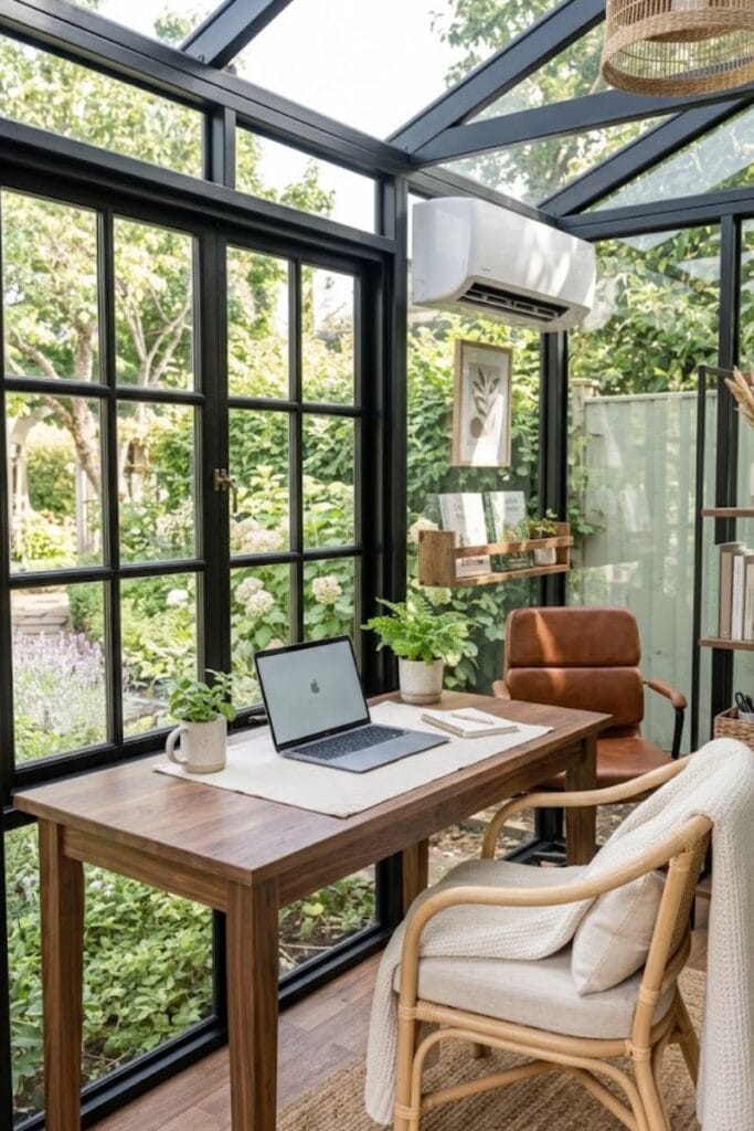 Backyard office ideas with a glass-walled studio and black steel frames