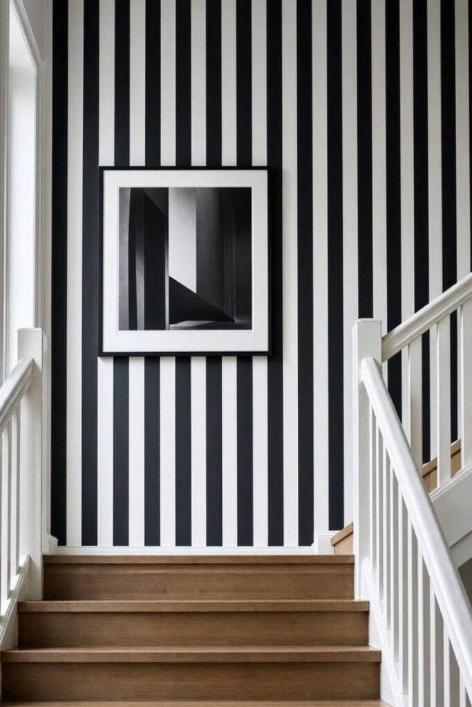  Black and white striped wallpaper staircase wall and landing decor.