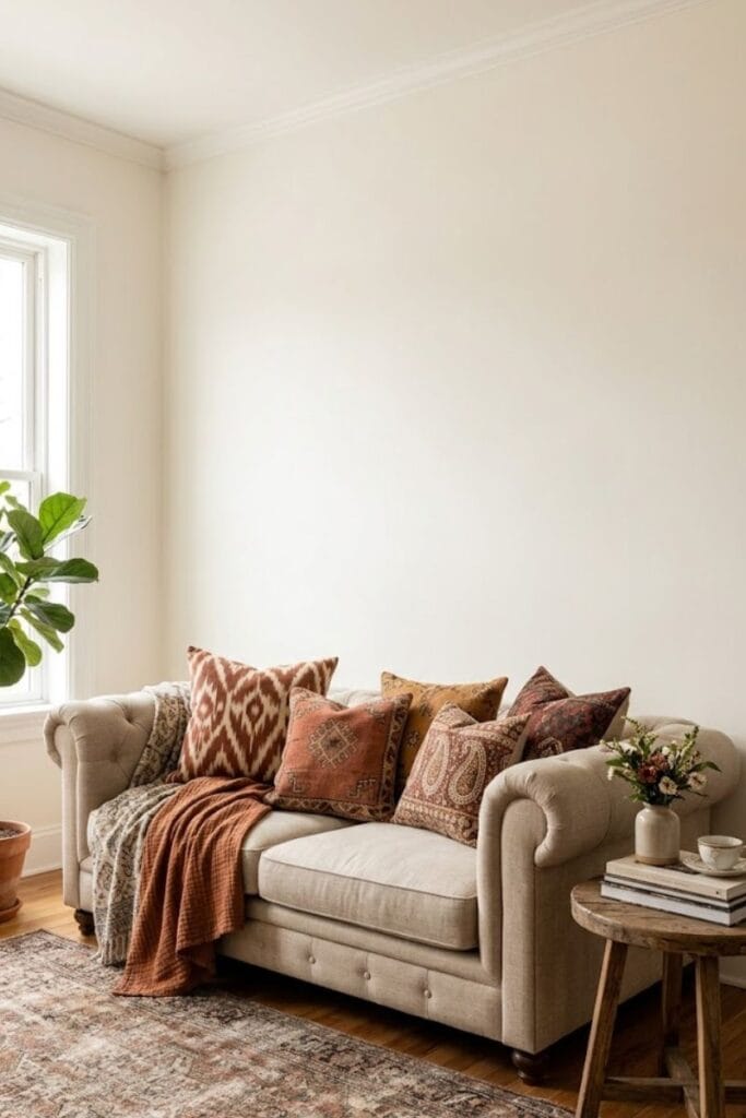  Stacked patterned pillows in rust and terracotta on a sofa