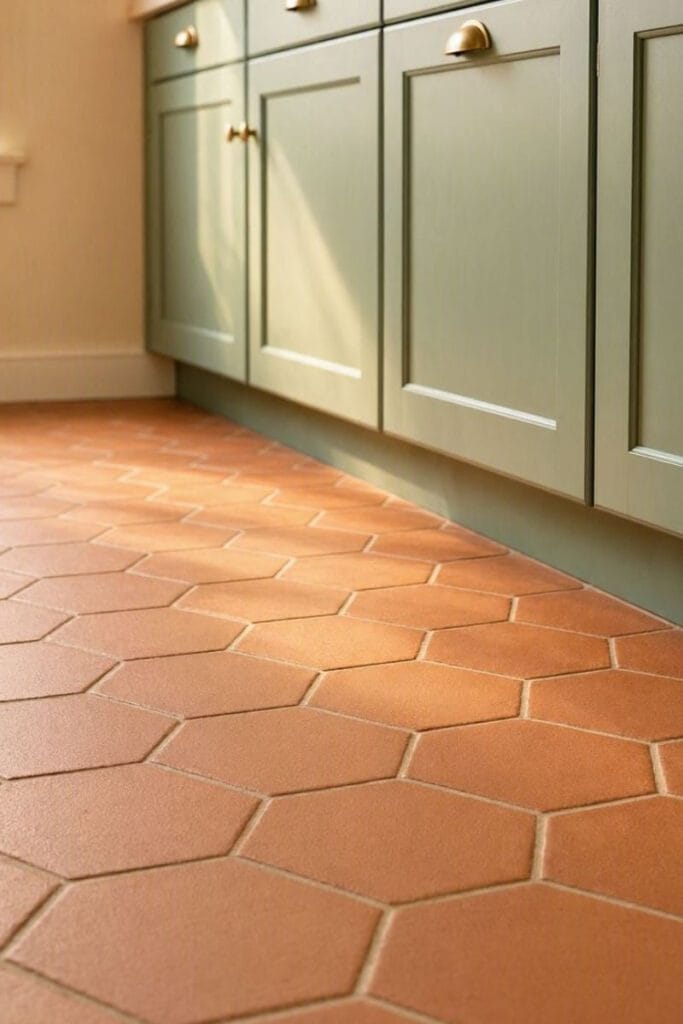  Terracotta hexagon tile floor in a warm sage green kitchen