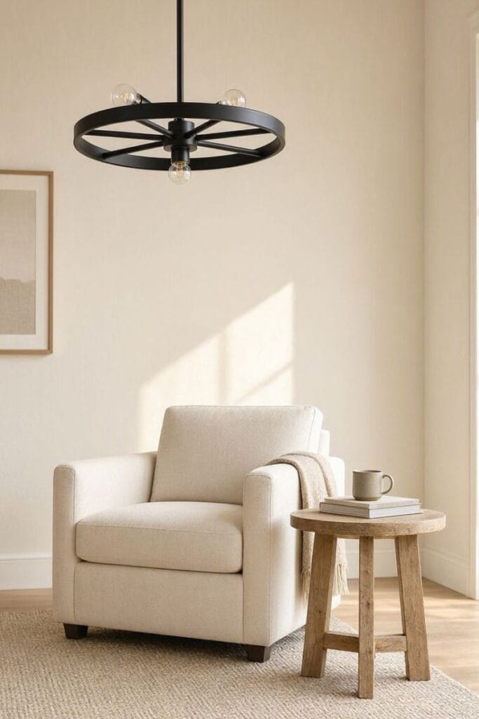 Wagon wheel pendant light in small western bedroom ideas