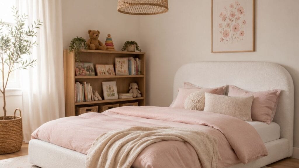 Cozy toddler girl bedroom with pink linen bedding and rattan pendant light
