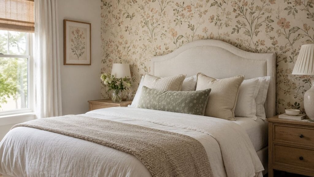 Room wallpaper ideas with floral pattern behind a bed