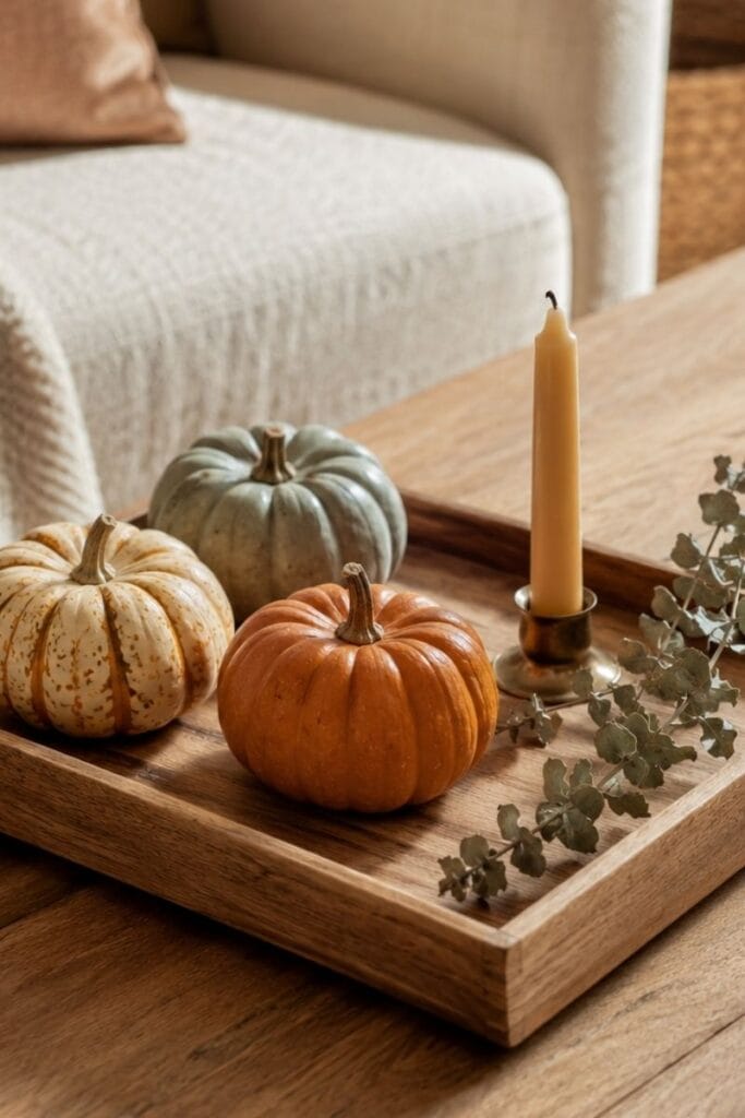 Cozy halloween coffee table decor styled with pumpkins and candles