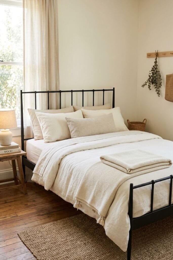 Matte black iron bed frame in small western bedroom ideas