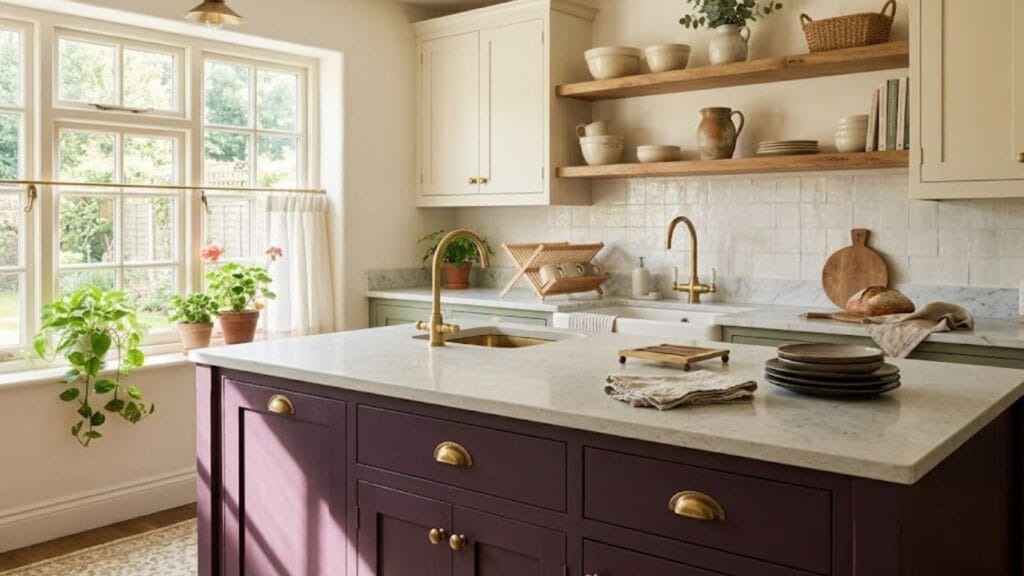 Deep aubergine kitchen island with brass hardware accents