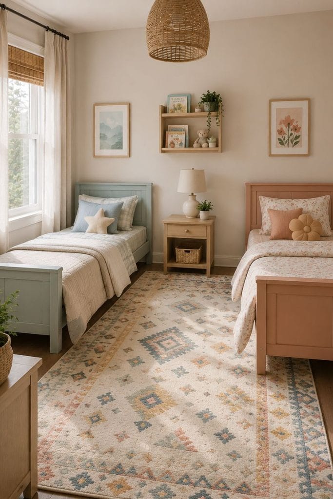 Neutral rug tying together toddler boy and girl shared bedroom ideas