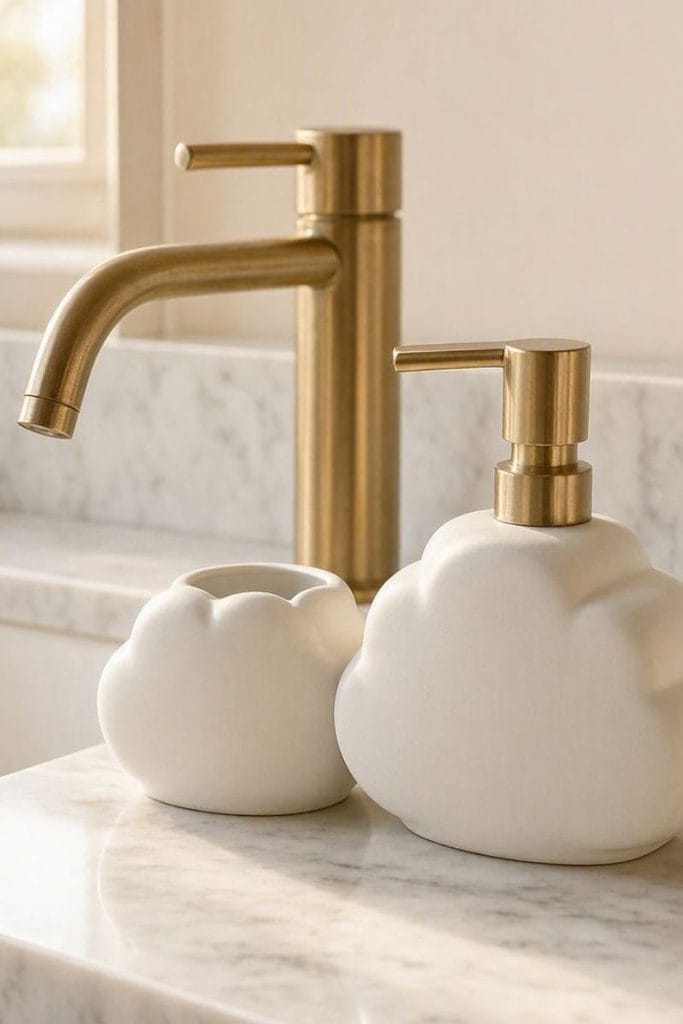 Whimsical cloud soap dispenser as funny bathroom decor accessory