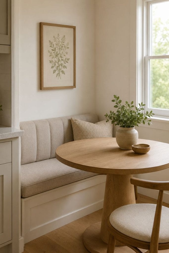 Built-in breakfast nook with oak table in a compact kitchen