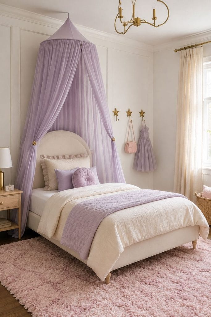 Princess toddler girl bedroom with lavender canopy bed and arched headboard