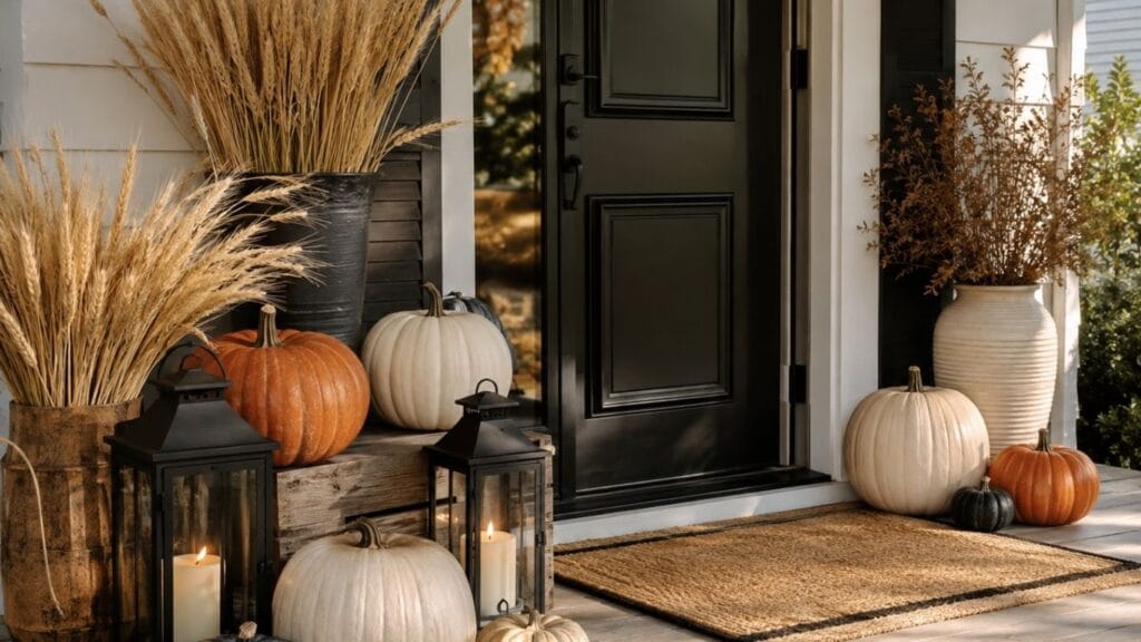 Cozy Halloween decor ideas styled on a front porch entrance
