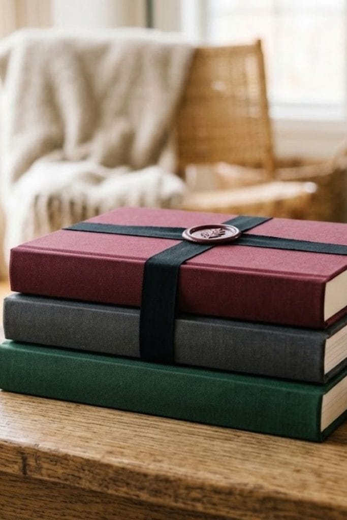 Halloween coffee table decor book stack with wax seal