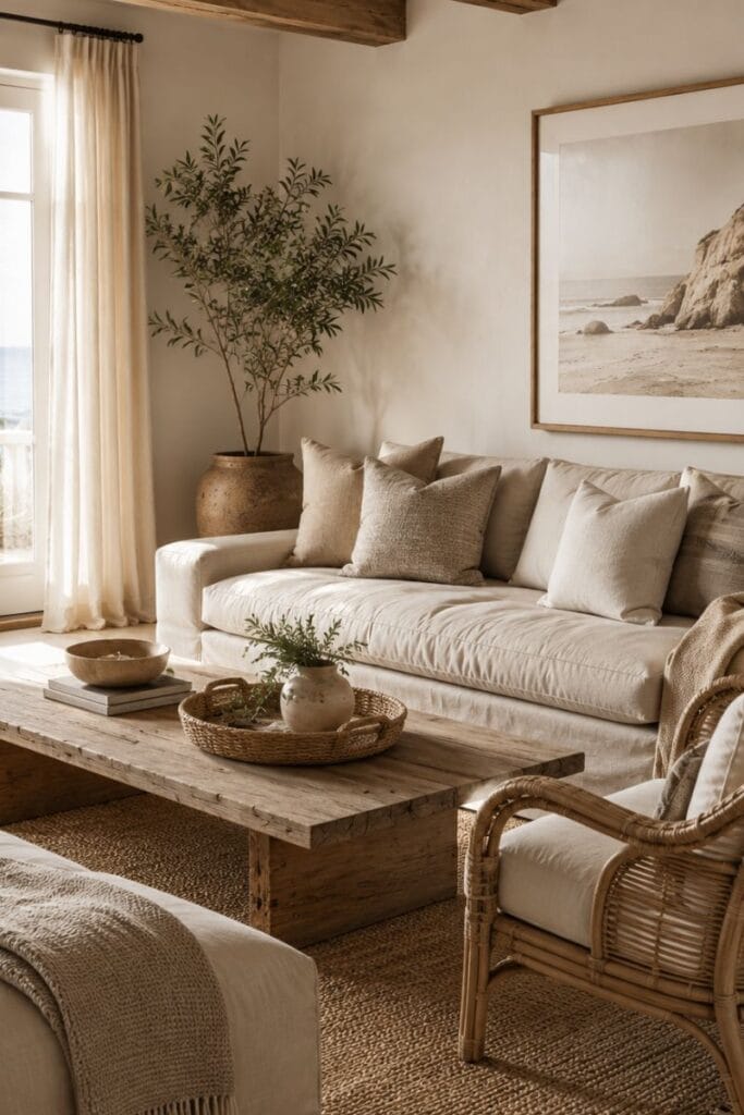 Neutral sand-toned coastal living room with rattan and linen textures