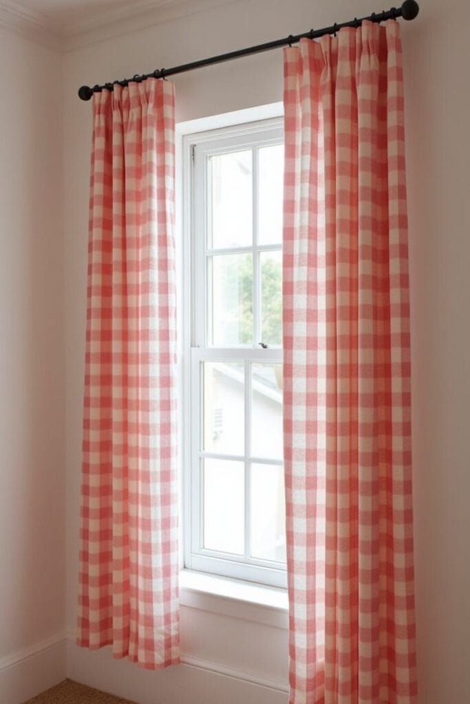 Pink gingham curtains on black rod black and pink toddler girl bedroom