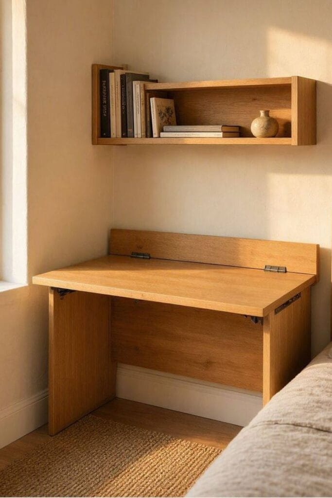  Fold-down wall desk, a small bedroom storage idea for tight rooms