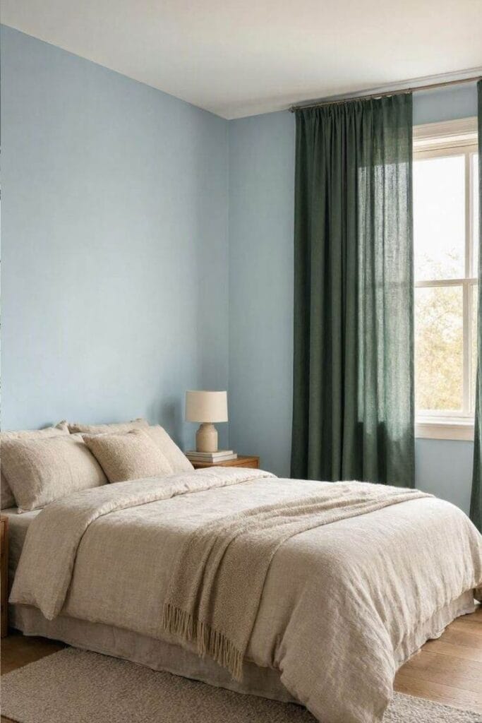 Blue and green bedroom idea with forest green curtains and powder blue walls 