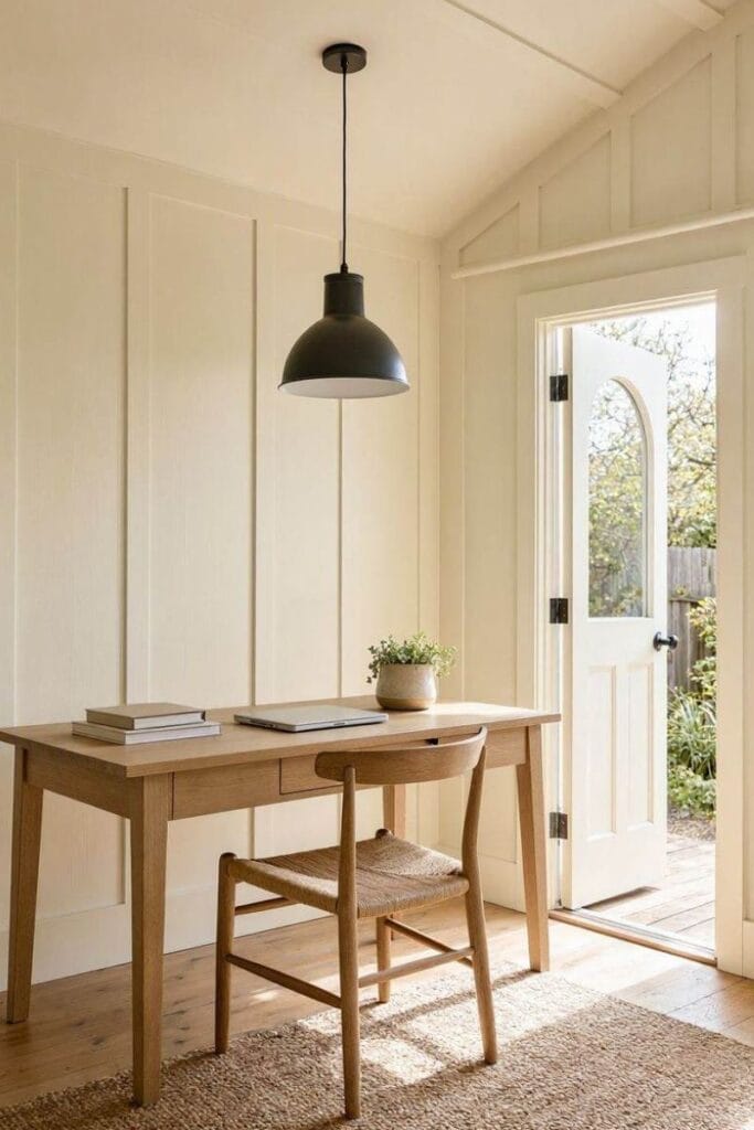 Backyard office ideas with a cream board and batten cottage design