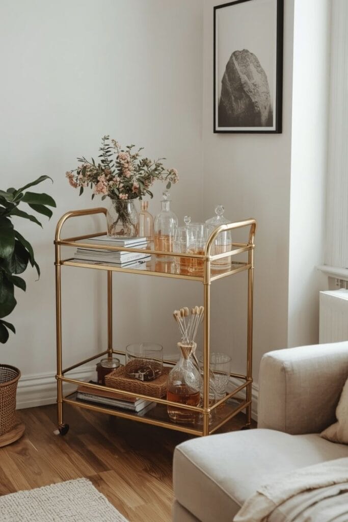  Brass bar cart styled in a maximalist living room corner